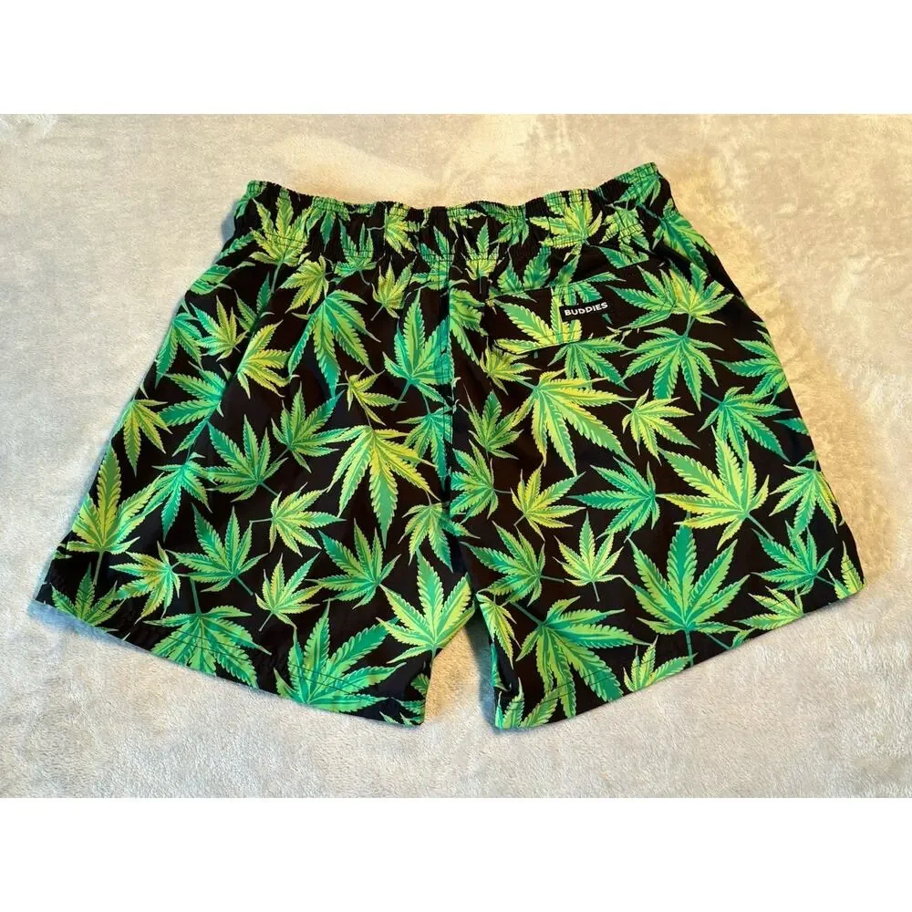 Buddies Marijuana Pot Cannabis Leaf Swim Shorts Trunks Board Green 420 Weed EUC
